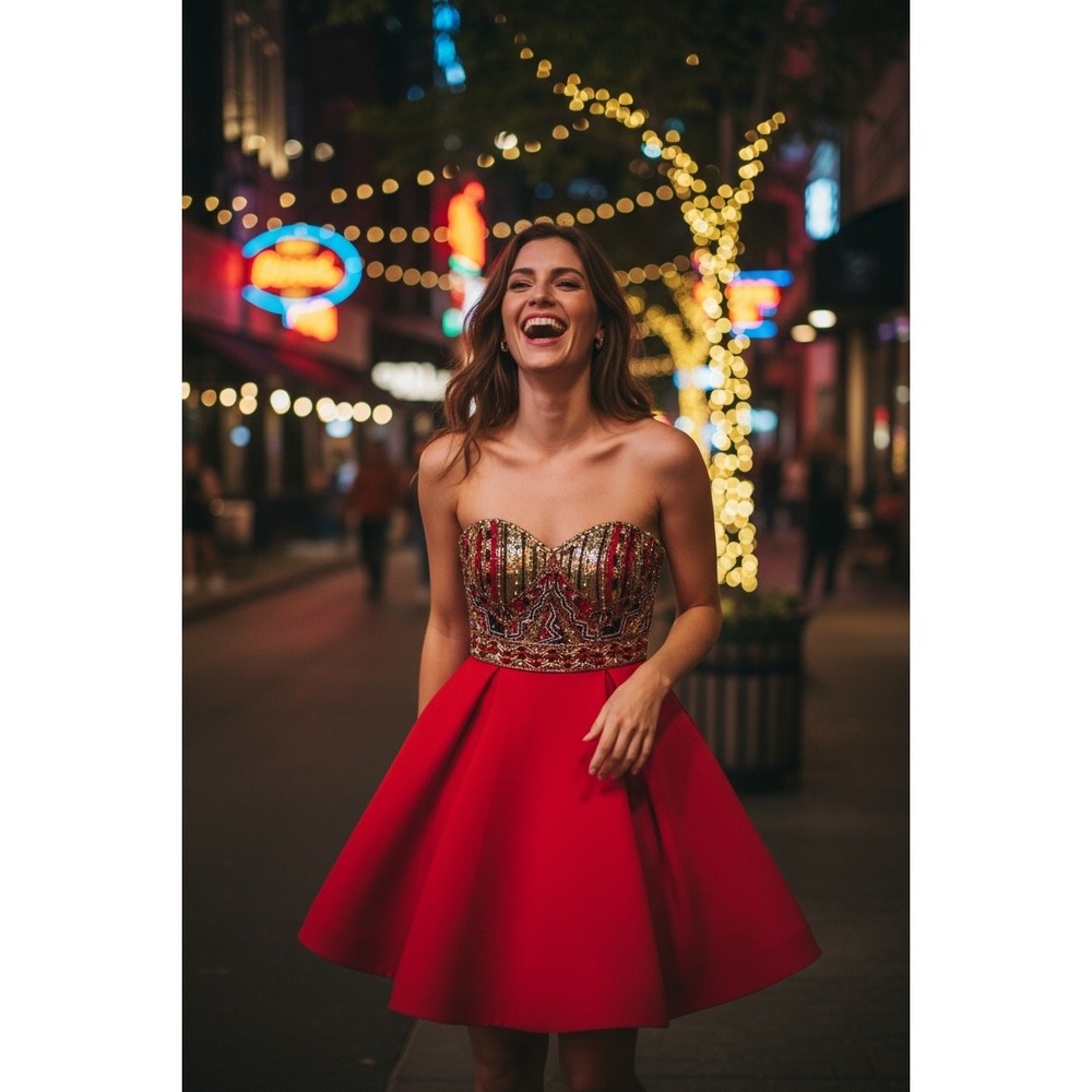 Tony Bowls Red Strapless Dress Embellished  Cocktail Dress Size 2